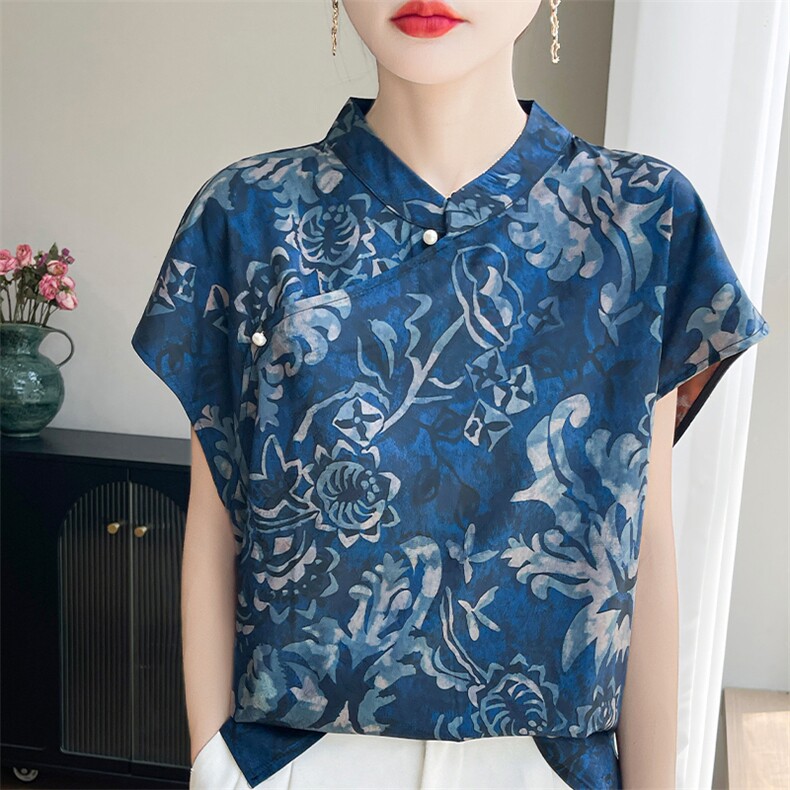 新中式国风上衣女短袖t斜襟短袖立领旗袍小衫缎面印花新中式衬衫,女装T恤,羊特美羊绒