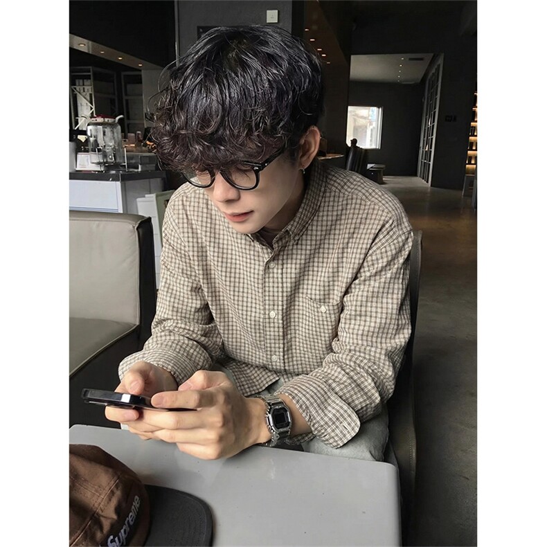复古长袖格子衬衫拼接2026春季miu系穿搭衬衣男C64134-TP4588,男装衬衫,电商A102