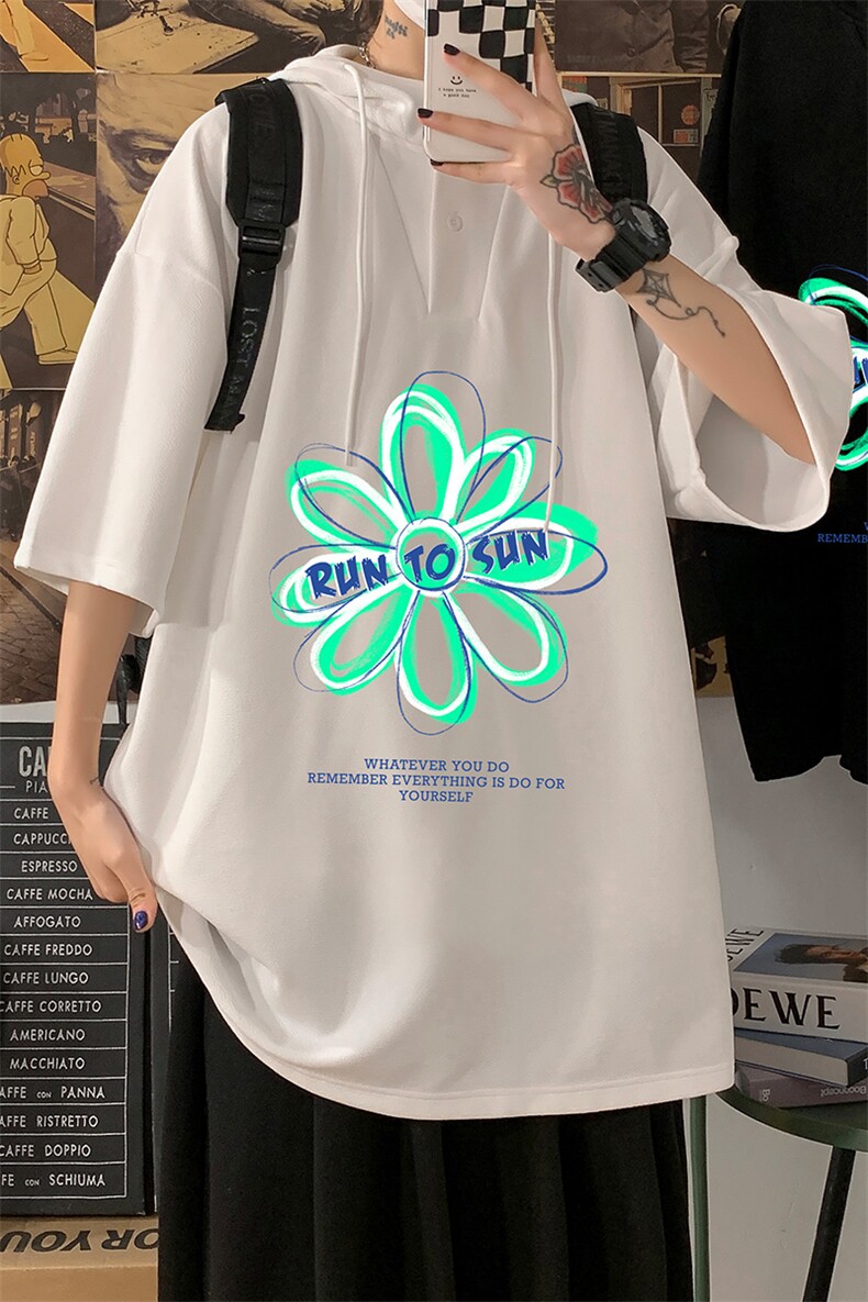LD54170-P45连帽短袖t恤男大码胖子带帽五分袖中袖海报风,男装T恤,电商A040