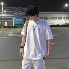 抖音得物供货210克现货宽松纯棉美式潮牌印花落肩袖纯棉T恤AT2174，男装T恤，电商A443