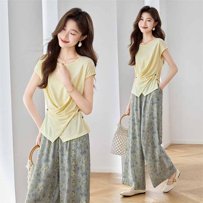 时尚休闲套装女夏2025新款气质洋气减龄短袖t恤阔腿裤穿搭两件套，女装套装/套裙，岚衣(原川流布茜）