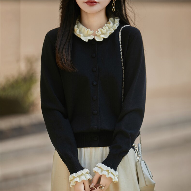小香风木耳边针织开衫女2025新款撞色假两件显瘦百搭毛衣外套打底,女装羊毛衫,圣丽羊绒