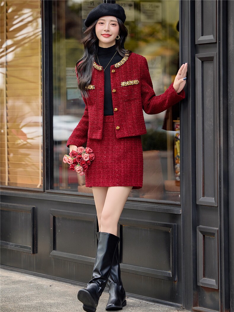 【小香bao款现货】2025新款秋冬时尚纯色时髦新娘敬酒法式套装,女装套装/套裙,韩宇舍