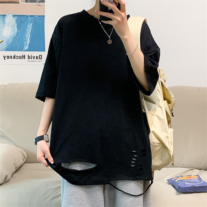 T2036-P25夏季潮流破洞毛边复古宽松短袖中性男女情侣圆领t恤控38图片
