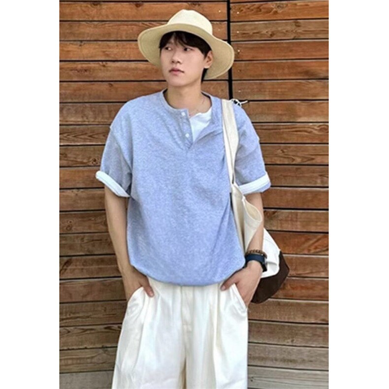 假两件亨利领短袖T恤女小众休闲宽松百搭复古老钱风上衣TA16,男装T恤,星座1116A（原606A-3）