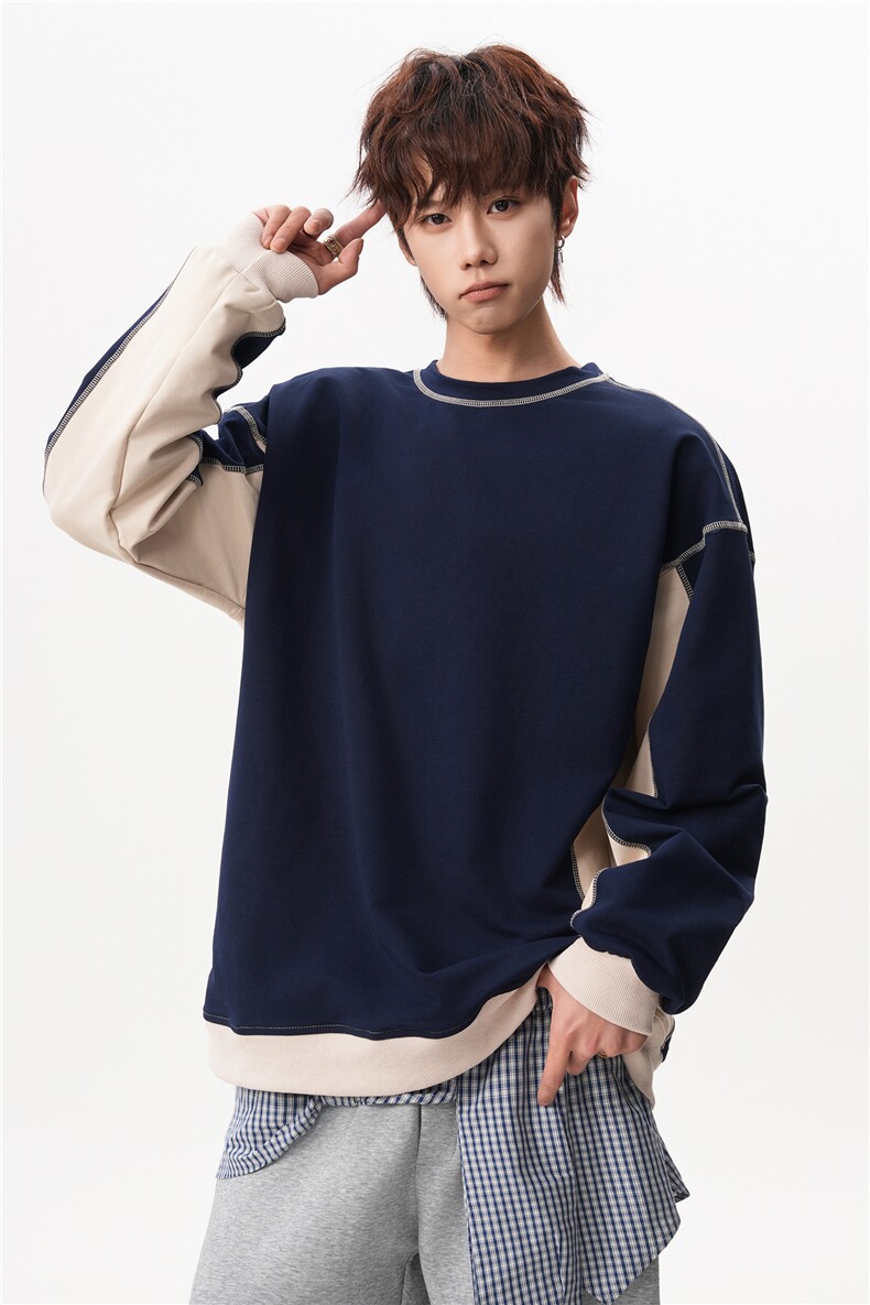 6XL-M美式拼接撞色圆领卫衣男痞帅套头上衣外套WY48-P60380g,女装短外套,电商D206-1