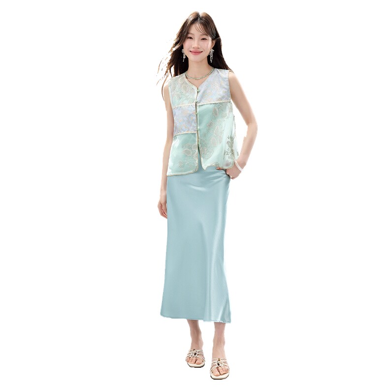 夏季新款现货！2026新中式拼接款重工刺绣马甲+珍珠吊带裙套装女,女装套装/套裙,宝儿家