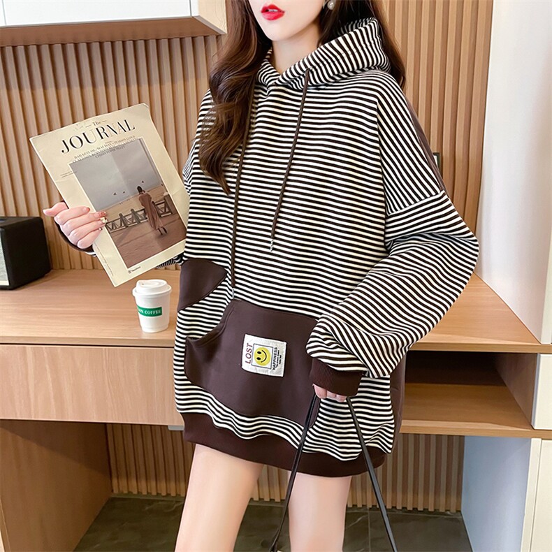 7614高品质朱地条纹复合加绒大码时尚新款百搭条纹卫衣女P50,女装卫衣/绒衫,星座309B-2