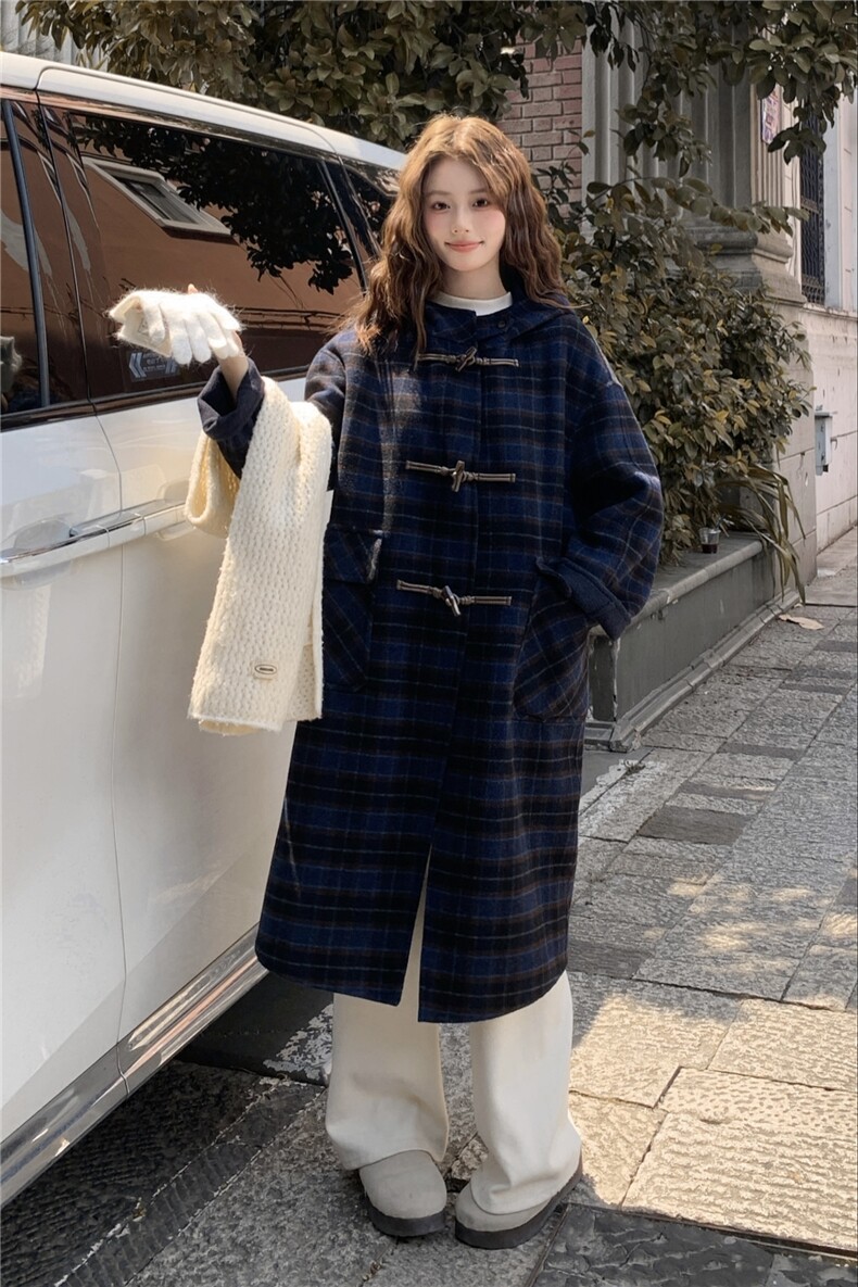 高级感中长款格子双面羊毛大衣女冬季2025复古连帽牛角扣毛呢大衣,女装毛呢外套,2D014