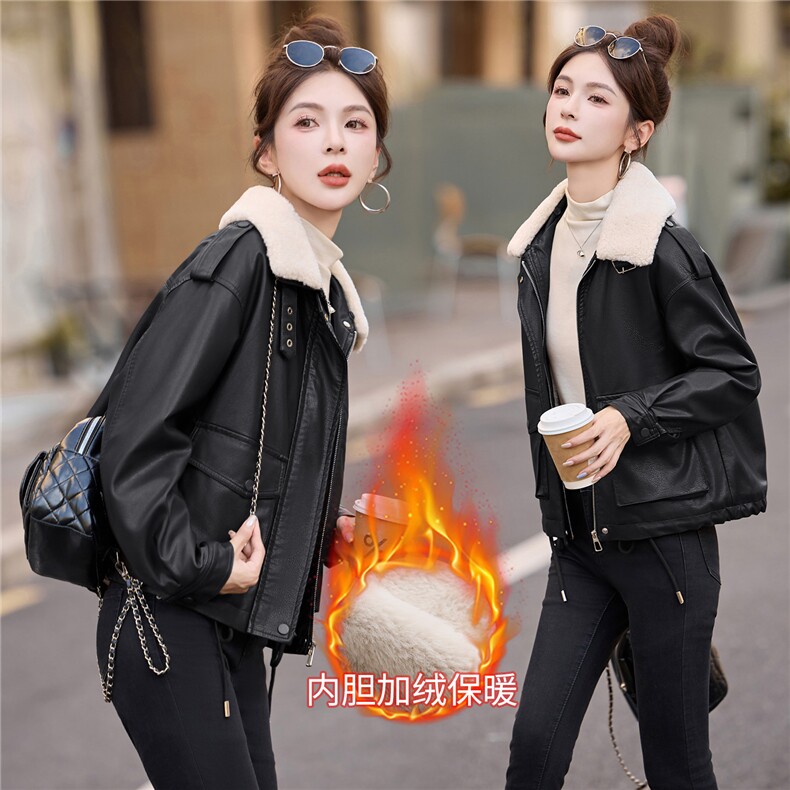 爆款加绒短款皮衣女2025秋冬季新款小个子显瘦大毛领棉服外套潮,女装皮衣,梦依缘