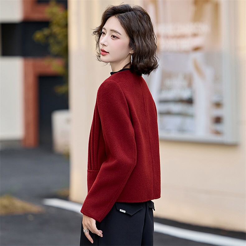 红色小香风双面羊绒大衣女高级感2025新款春季短款西装毛呢外套,女装双面呢大衣,美沁