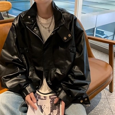 日系痞帅PU皮衣男潮流机车夹克潮牌美式街头立领外套W5455-P65，男装皮衣，星座412-3