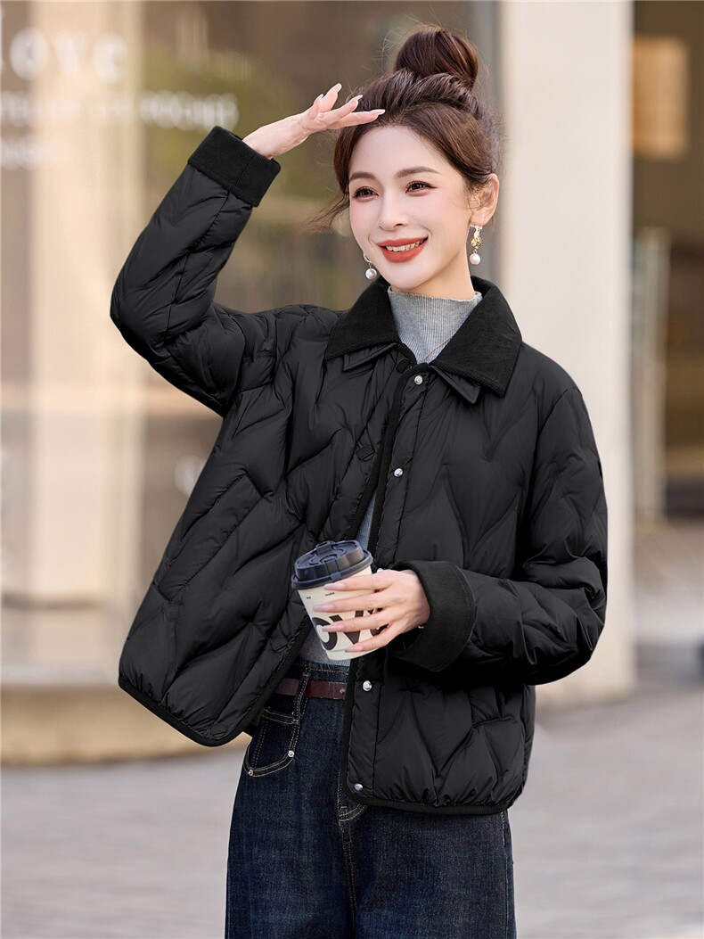 现货！短款羽绒服女灯芯绒翻领时尚巴恩风小个子加厚保暖上衣外套,女装羽绒服,沐七七
