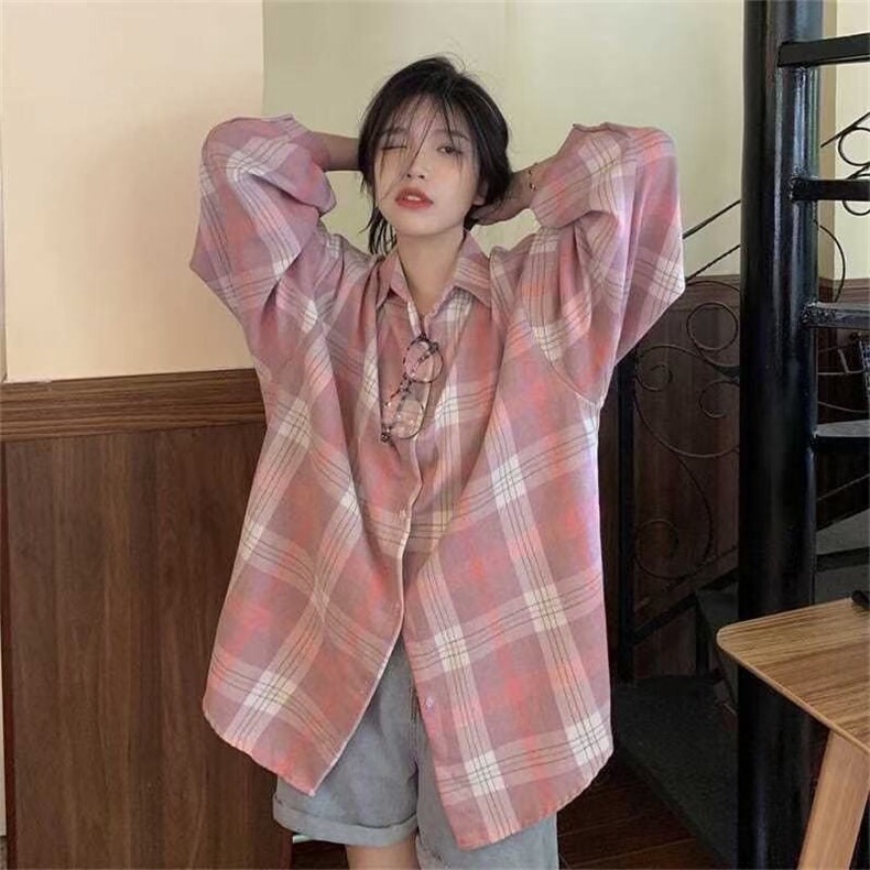 TC674-p45粉色格子衬衫外套女秋冬2026新款慵懒风长袖衬衣,女装衬衫,星座617A-2