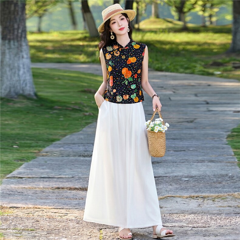 现货2026年夏季新中式上衣麻料阔腿裤子，可分开卖,女装套装/套裙,艾仟回(原伊仟回)