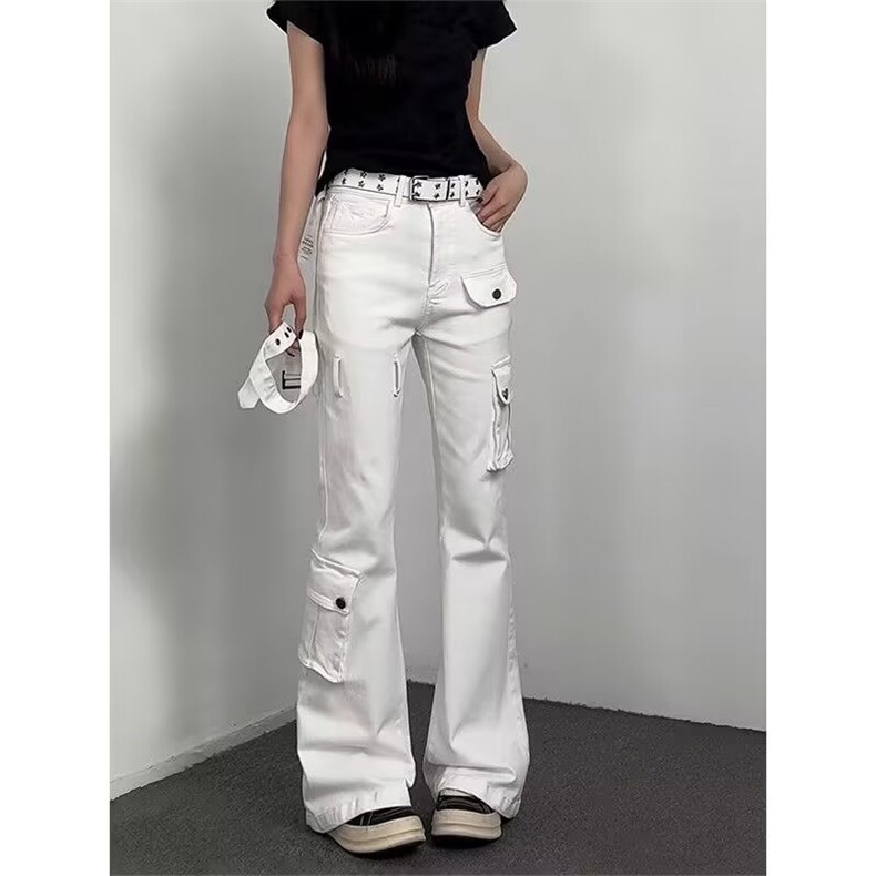 美式高街vibe风绑带微喇牛仔裤显瘦修身工装直筒白色长裤子男女潮，男装牛仔裤，星座506A