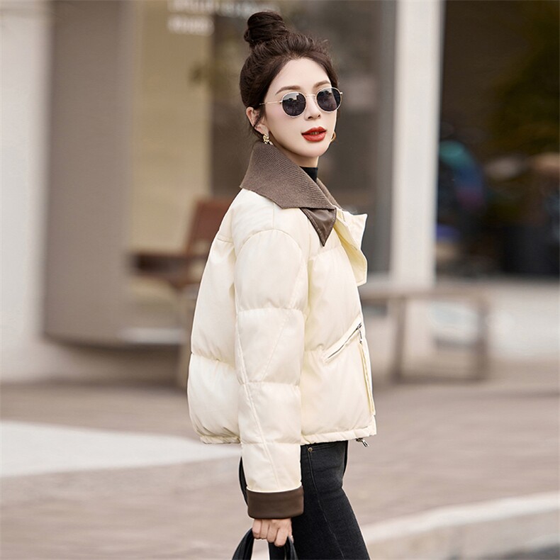 时尚短款pu皮羽绒服女2024冬季新款轻薄小个子针织翻领白鸭绒外套,女装羽绒服,拾衣