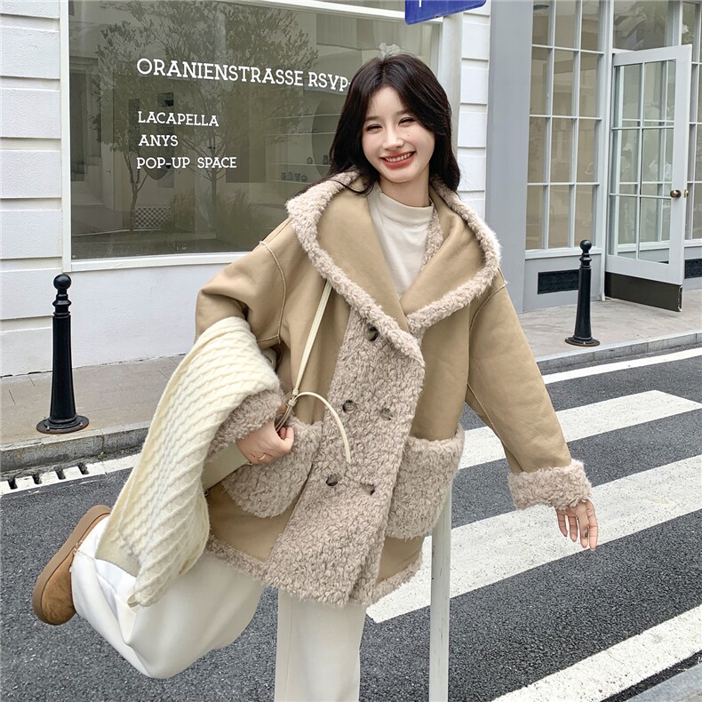 韩版减龄氛围感皮毛一体羊羔毛上衣女2025秋冬季新款显瘦百搭外套,女装短外套,2C261