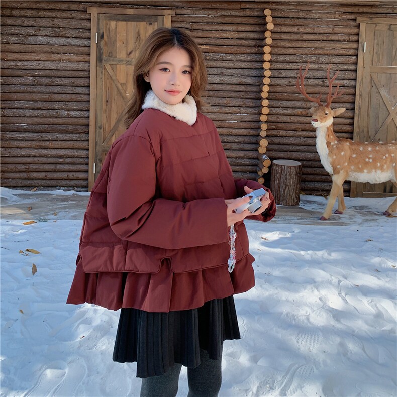 韩版短款羽绒服女2025冬季新款今年流行毛领收腰保暖外套酒红色,女装羽绒服,艾米莉亚