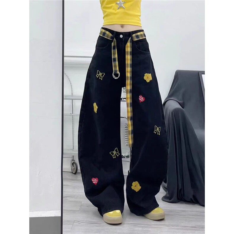 秋季牛仔裤女潮牌创意植绒花朵格子腰带直筒垂感阔腿裤LA3566-P50图片