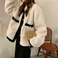 价仿羊羔毛外套女秋冬小香风宽松撞色气质长袖上衣潮，女装皮草，潮品会
