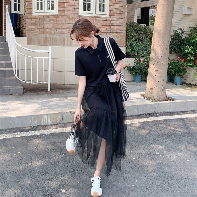 黑色高级感网纱拼接衬衫连衣裙女夏新款轻熟风女神范气质显瘦长裙,女装连衣裙,2C205