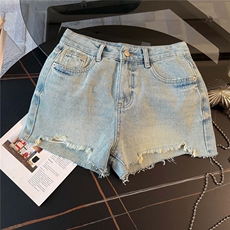 小个子时尚潮流套装女夏季洋气显瘦娃娃领条纹短袖牛仔短裤两件套，女装套装/套裙，2C310