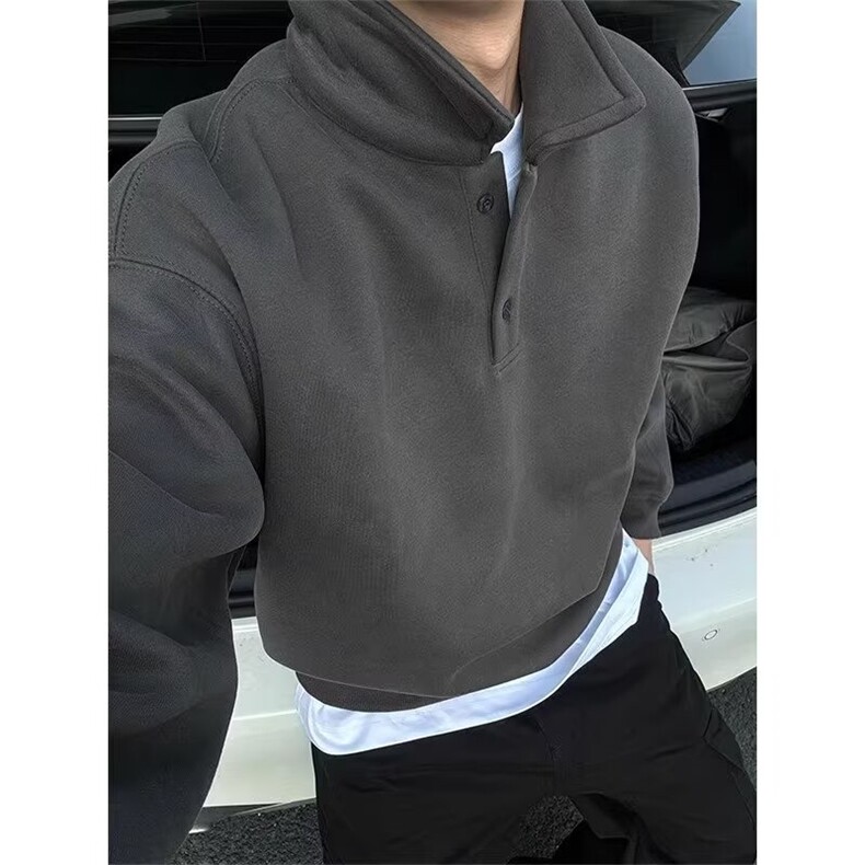 深灰色polo领卫衣男秋冬款长袖打底美式复古翻领外套WB486-P40,男装T恤,星座412-1