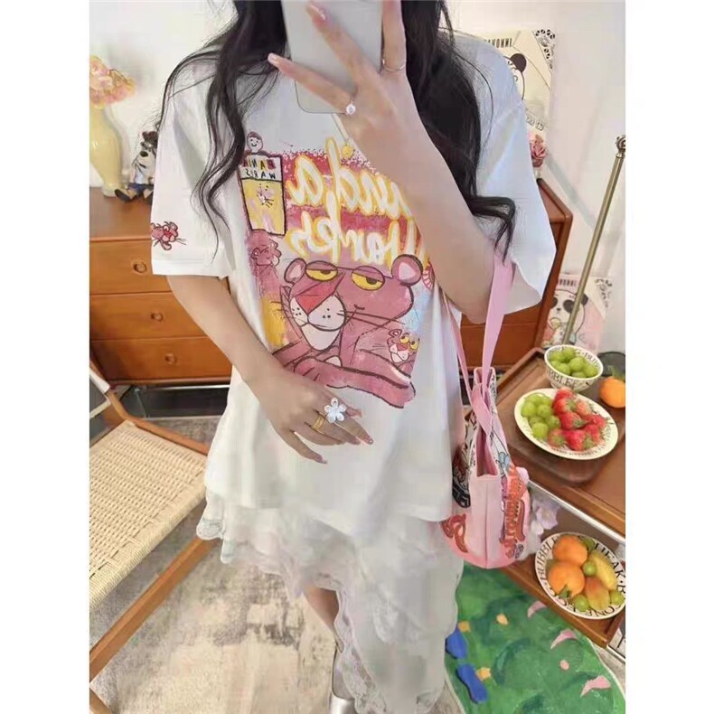 2025简约百搭粉红豹大版T恤，女装T恤，湘姗