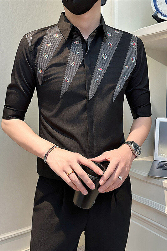 店主风社会小伙男绣花七分袖衬衫男日常休闲衬衣301A-1/CS568/P55,男装衬衫,星座301A-1