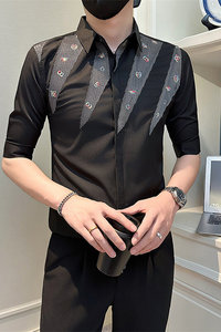 店主风社会小伙男绣花七分袖衬衫男日常休闲衬衣301A-1/CS568/P55图片