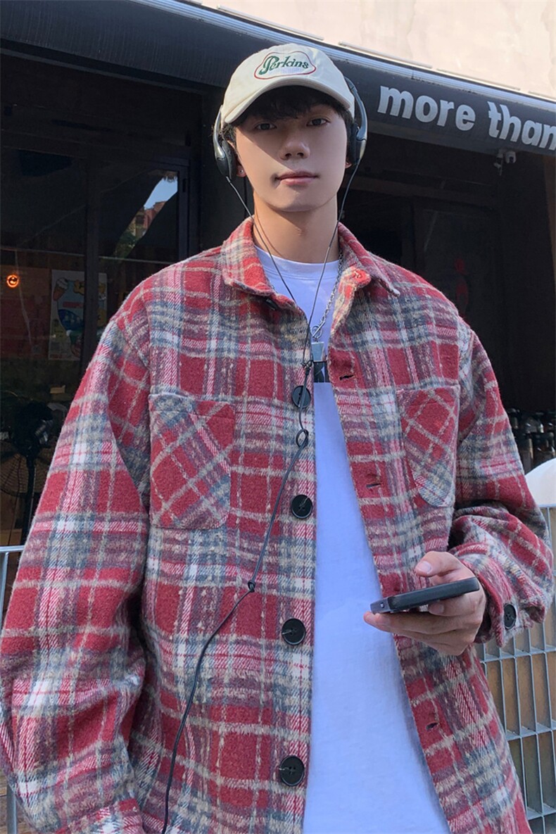 小香风百搭夹克外套拼色复古翻领宽松衬衫男C2166JR（加绒）特P48,男装夹克,电商A007