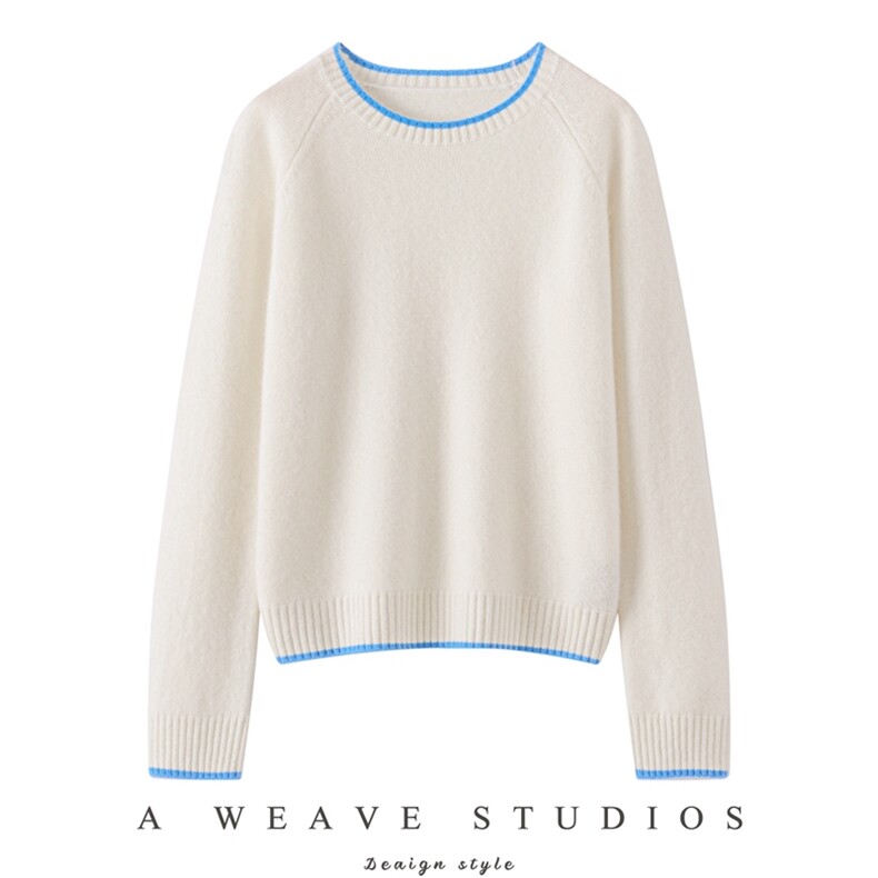 2025年秋季常规款长袖加厚拼色羊绒衫舒适时尚百搭通勤，女装针织衫/毛衣，镁纯羊绒