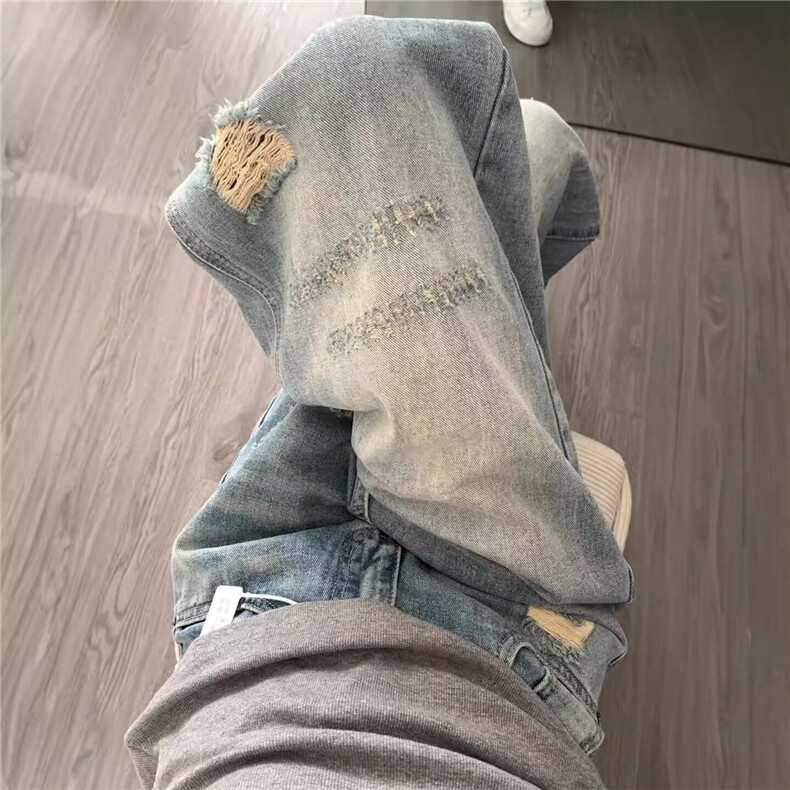 FF3440-P422025美式复古设计感水洗磨破阔腿牛仔裤，男装牛仔裤，电商B323A