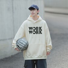 2024新款work印花宽松连帽卫衣Y121常规版P48加绒版P65，男装卫衣，电商B219