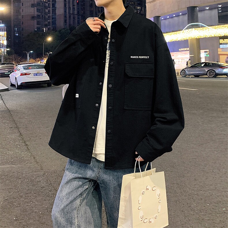 wassup happy日系工装长袖衬衫男春秋季潮牌宽松复古休闲衬衣外套图片