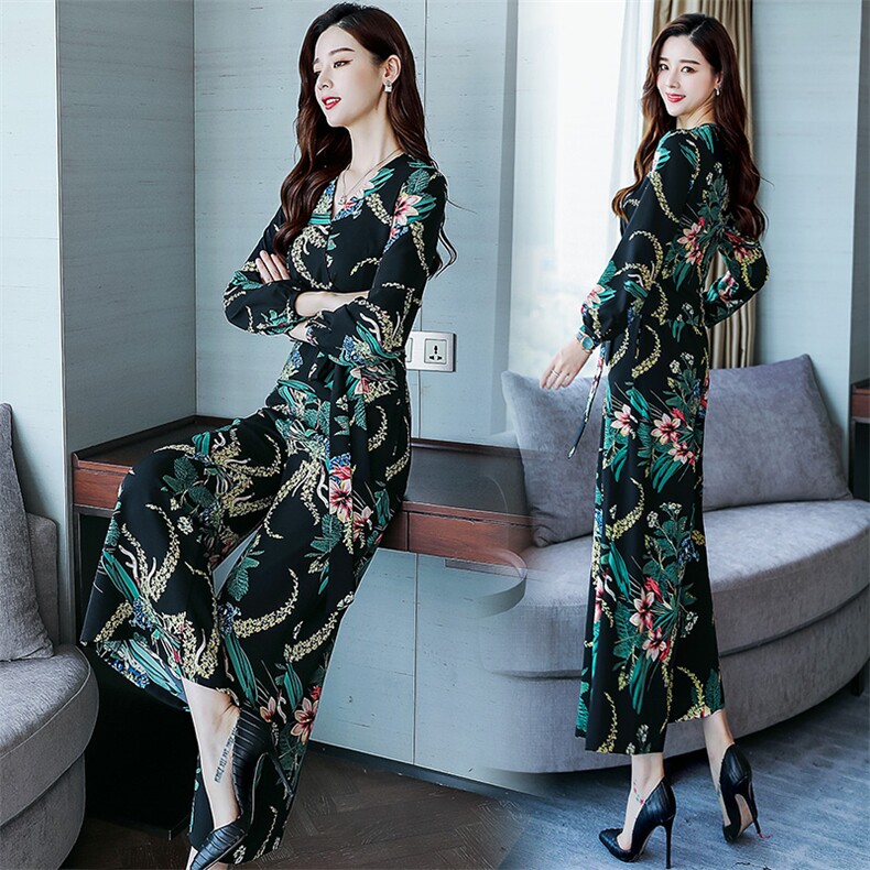 时尚优雅气质收腰修身显瘦V领阔腿裤纯色2021春季套装,女装套装/套裙,天丝秀