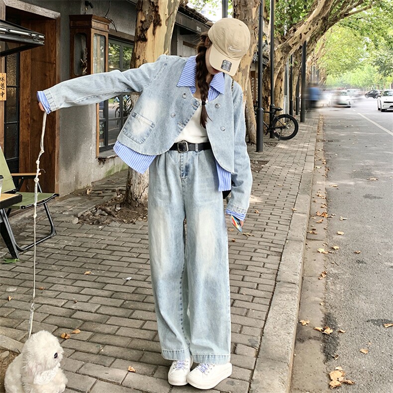韩版时尚假两件牛仔上衣套装女2025春秋季新款显瘦阔腿长裤两件套图片