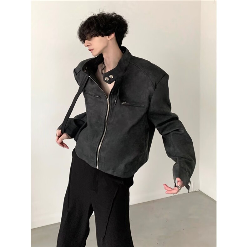 美美式痞帅短款垫肩外套男高级感飞行夹皮衣立领机车服G141-P75,男装皮衣,星座310A-4