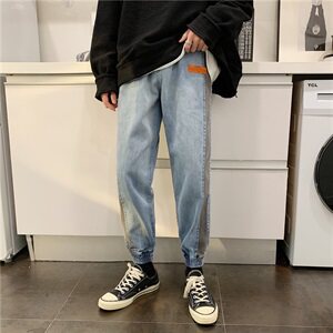 拼色裤子男生原宿风韩版撞色直筒牛仔裤ins港风百搭潮牌束脚裤图片
