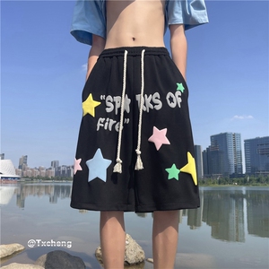 抖音品质夏季新款宽松短裤潮发泡印花五分裤B315-K23340-p45控58图片