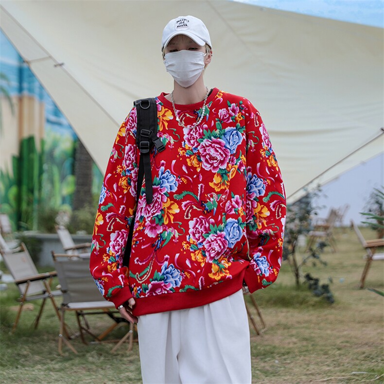 B203圆领大花卫衣大码男女新中式汉服团队表演出饭店火锅店情侣潮,男装民族服装,星座115A(原星座507）