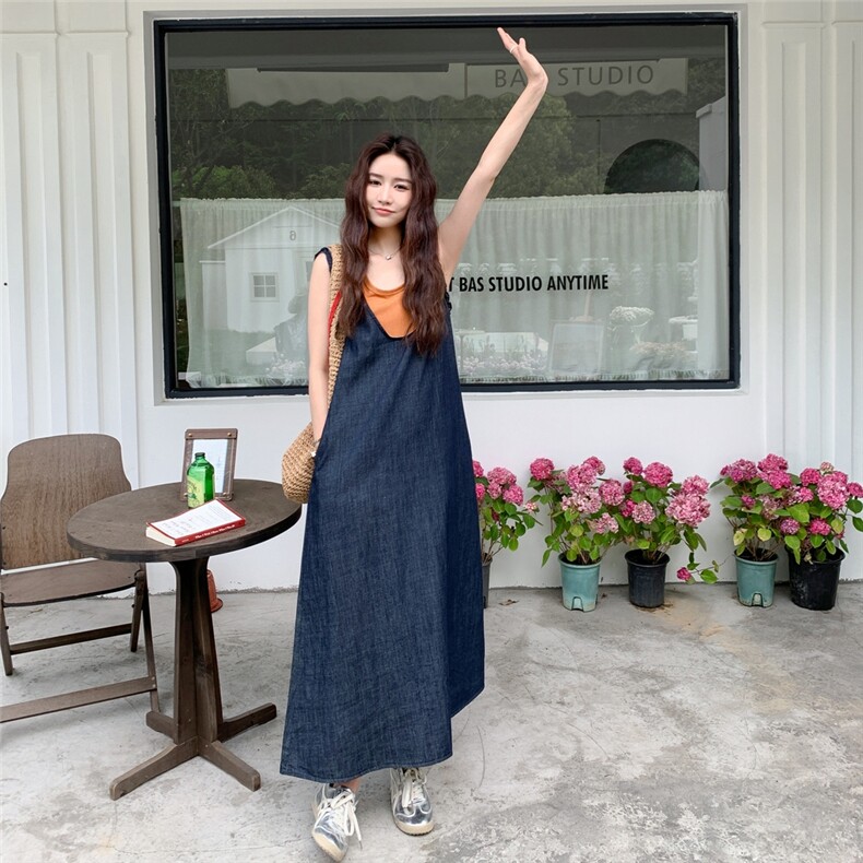 法式假两件拼接牛仔无袖背心连衣裙女夏2025新款学院风巨好看长裙,女装连衣裙,2C323