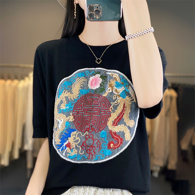 2025春夏时尚流行体恤上衣新中式女装中国风刺绣短袖T恤女士大码,女装羊毛衫,朝贺羊绒