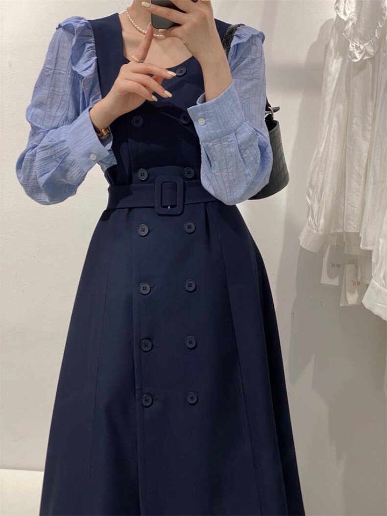 双排扣拼接连衣裙，女装连衣裙，驿谷