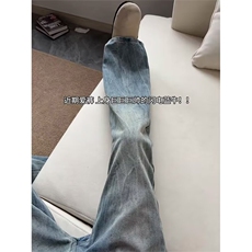 爆裂闪电纹牛仔裤男潮牌美式重工水洗直筒裤窄版修身微喇裤，男装牛仔裤，星座205-3