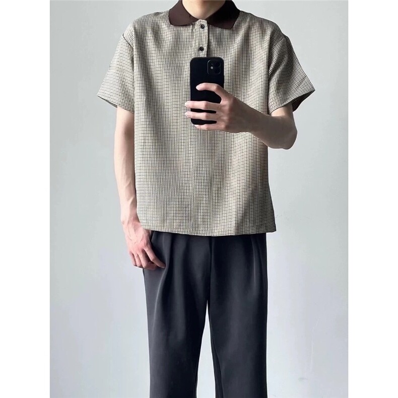老钱风千鸟格polo衫短袖男夏季新款高级感V领T恤美式休闲TX606,男装T恤,星座208-5