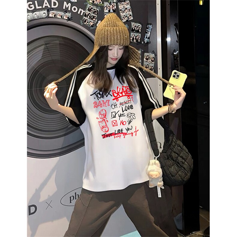 抖音得物品质二开240克宽松纯棉美式潮牌插肩三杠织带短袖T恤图片