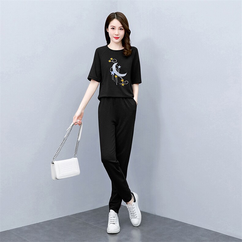 宽松运动服时尚两件套女休闲透气简约年短袖夏季套装减龄大码,女装套装/套裙,梦依杭