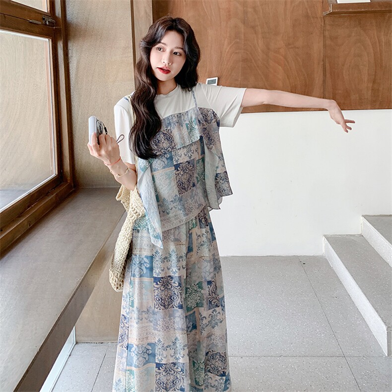 盐系轻熟风休闲套装女夏季2025新款复古设计感T恤印花裤裙两件套，女装套装/套裙，浙宝305